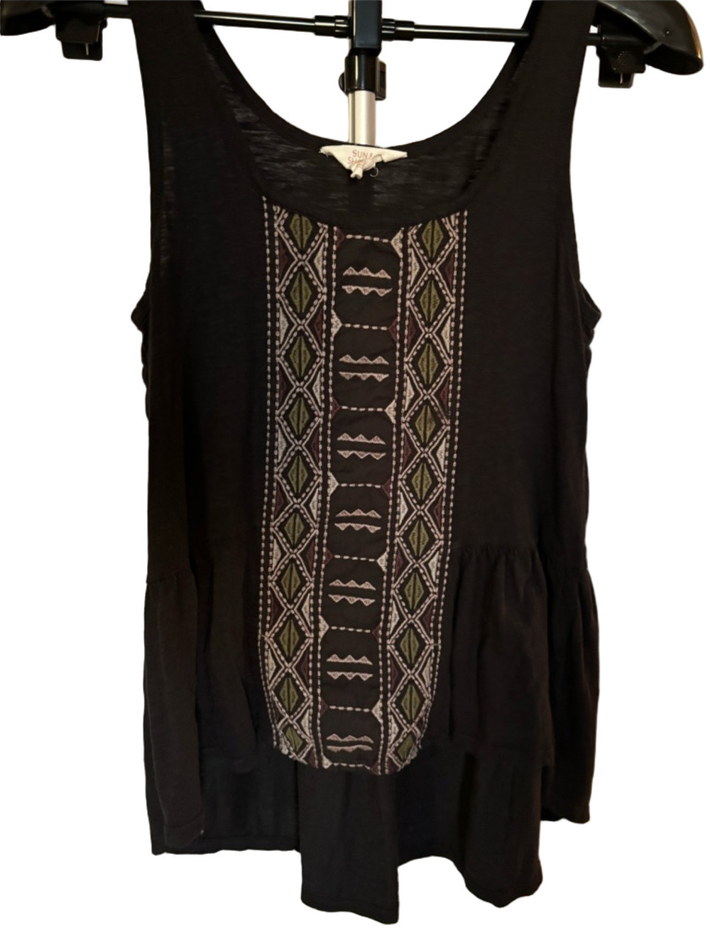 Sun & Shadow Black Embroidered Tank with Olive Accents
